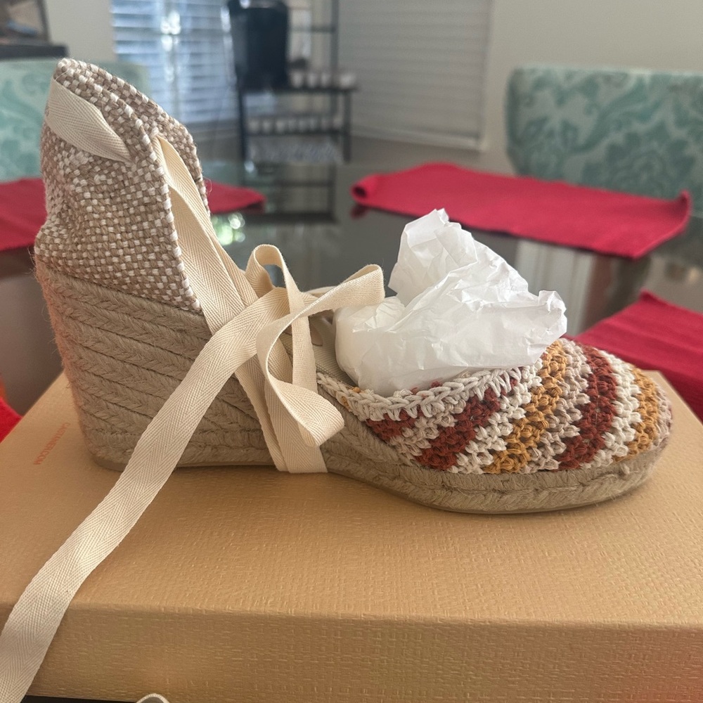 Castaner Woven Espadrille Wedge in Cream, Rust & Mustard - Picture 2 of 3